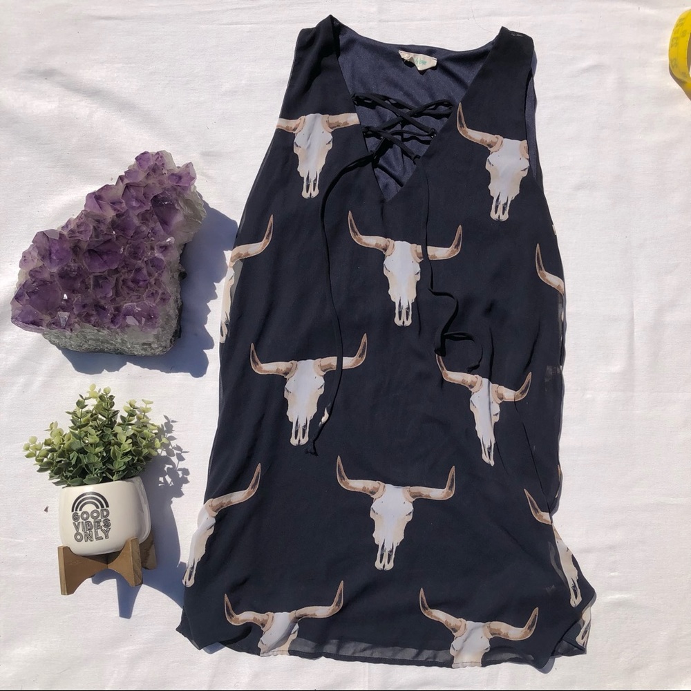 Western Skull Print Casual Dress In Navy Blue Size Medium